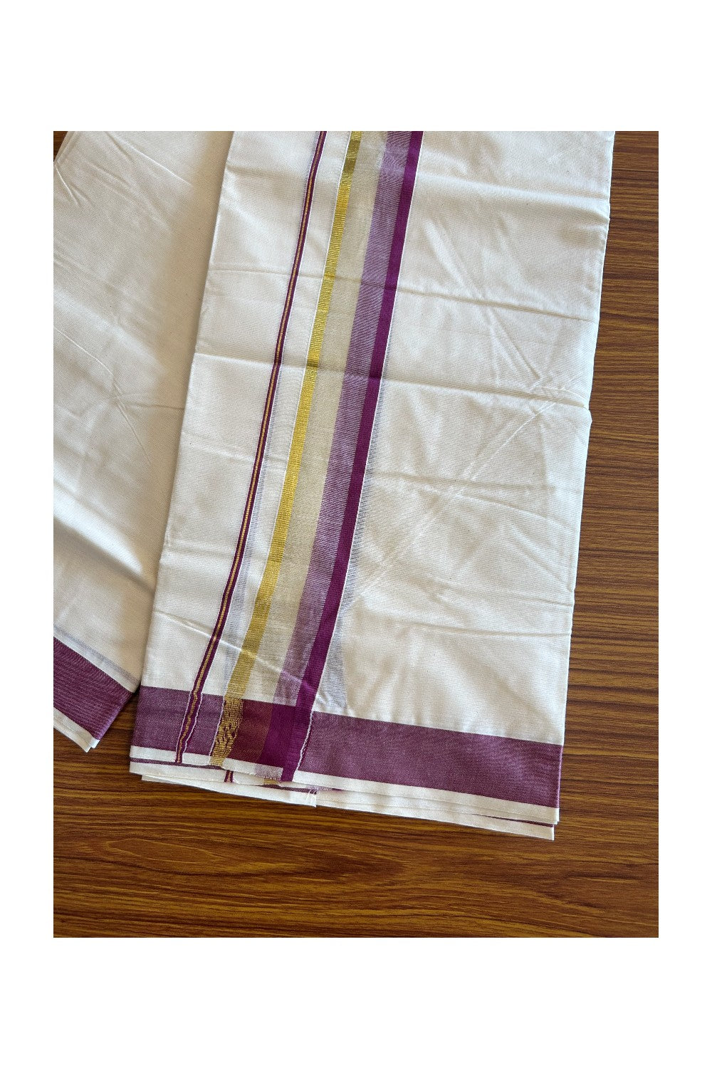 16% DISCOUNT!!! KaithariKada Balaramapuram 100%  Cotton off white - (Unbleached) Double  Mundu/Dhoti - 100X100  wine purple & kasavu  shaded kara - 8KK82VIN