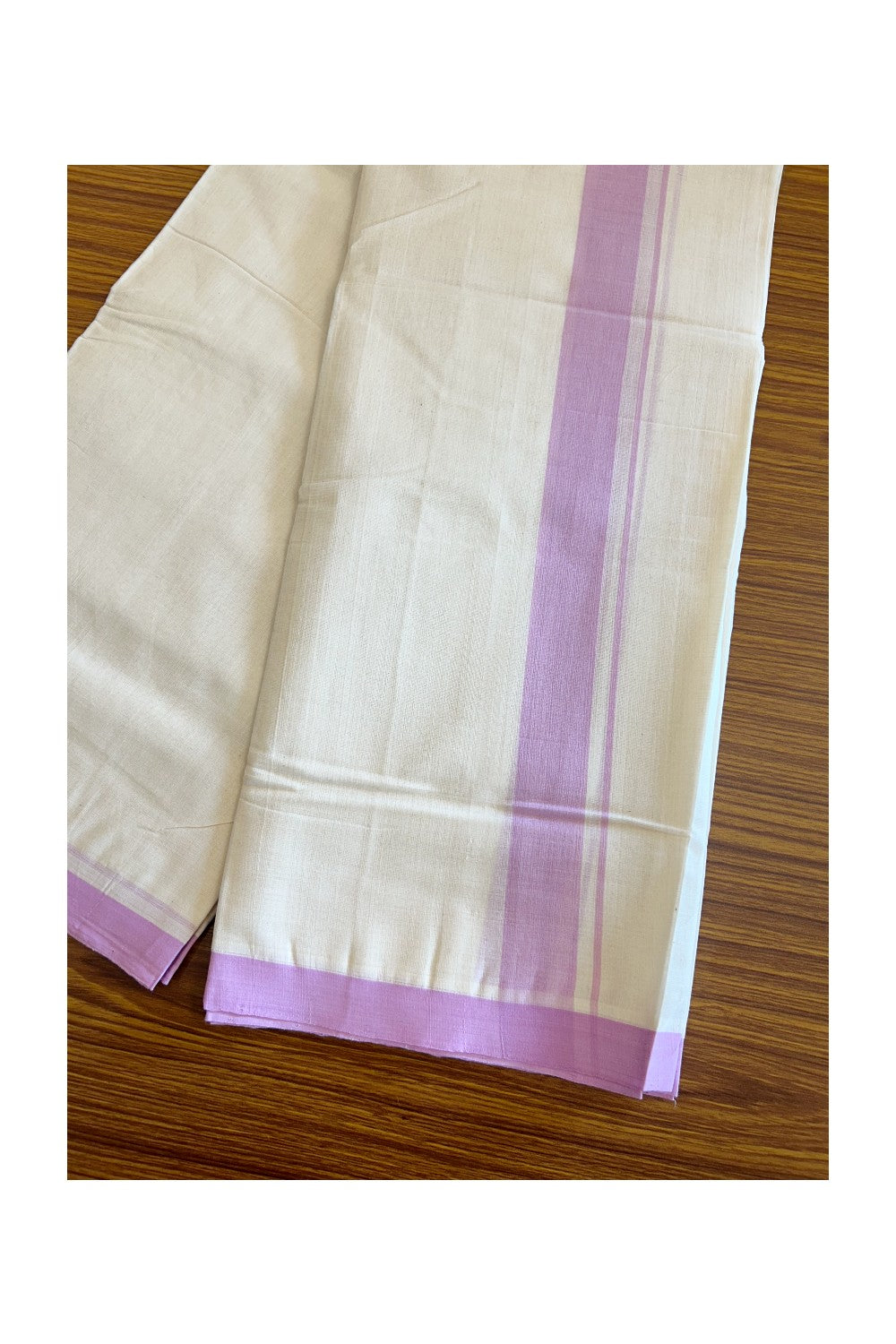 20% DISCOUNT!! KaithariKada HANDLOOM millpaav Balaramapuram - 100% PURE Cotton OFF White (Unbleached) Double Mundu/Dothi - 1.75 inch Lavender pink Mulloth Kara 3.75 Meters - 2KK409RAM