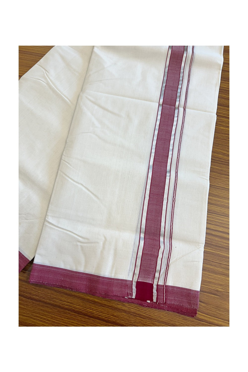 19% Discount !! KaithariKada HANDLOOM millpaav Balaramapuram - 100% PURE Cotton OFF White Double - (Unbleached)  Mundu/Dothi - 2.25  inch Silver kasavu & Maroon shaded kara 4.5 Meters (10 Muzham) - 11KK5081RAM