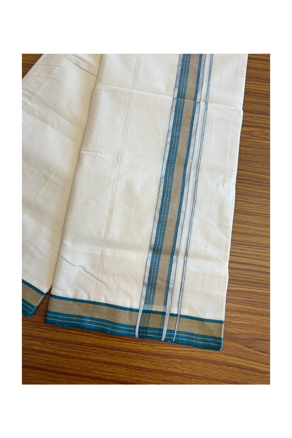 19% Discount !! KaithariKada HANDLOOM UNAKKUPAAV Balaramapuram - 100% PURE Cotton off white - (Unbleached) Double Mundu/Dhoti - 2.25 inch Silver kasavu Brown & Peacock Green Striped kara - 11KK5082RAM