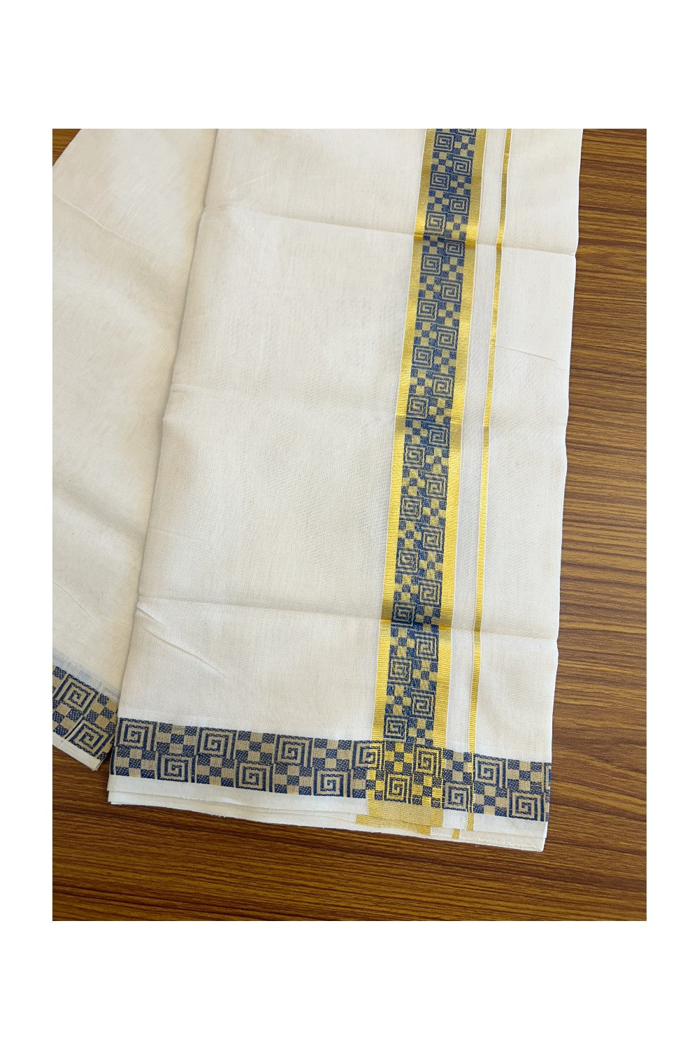 30% Discount!!! KaithariKada HANDLOOM UNAKKUPAAV Balaramapuram - 100% PURE Cotton off white (Unbleached) 100x100 - Double Mundu/Dhoti - 2.75 inch Kasavu & Blue pattern kara - 10KK5096YAR