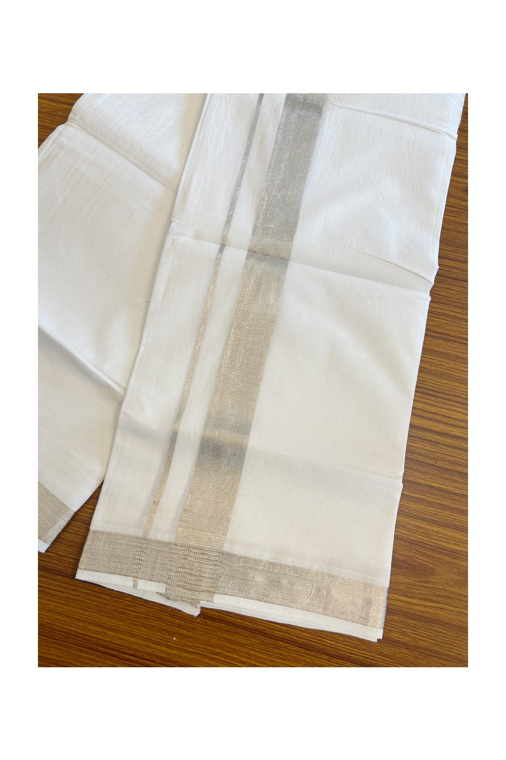 20% DISCOUNT! KaithariKada Balaramapuram 100% Cotton Double PURE white Mundu/Dhoti - 100x80 - 1.5 inch Silver Kasavu Kara - 11KK5109THI