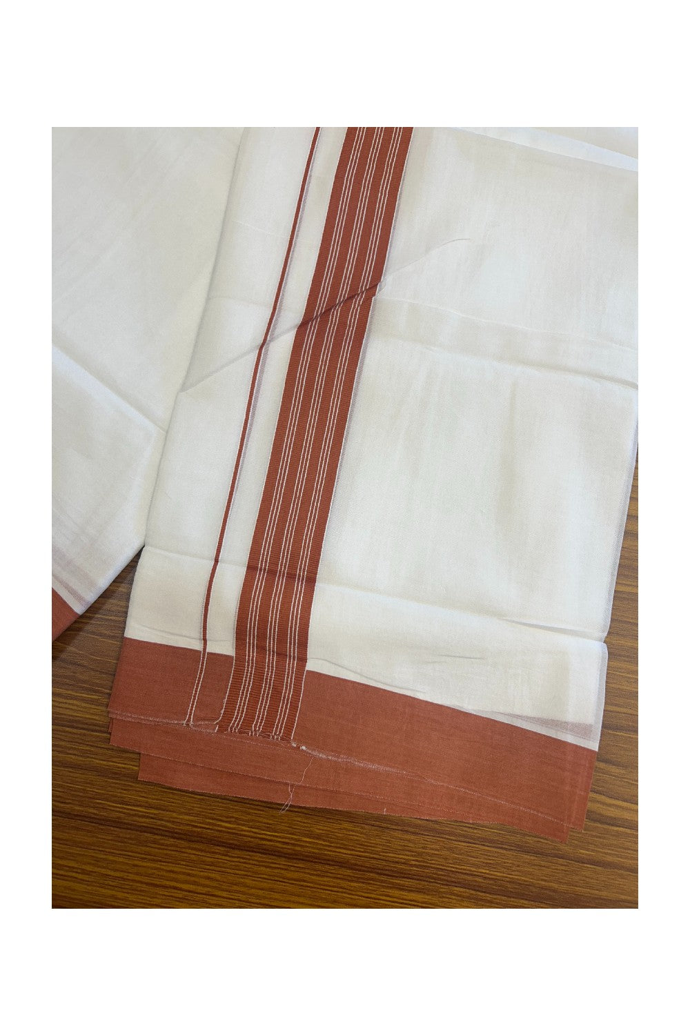 20% DISCOUNT! KaithariKada Balaramapuram 100% Cotton Double PURE white Mundu/Dhoti - 100x80 - 1.25 Inch Brick Red Center Striped Kara - 11KK5135GAN