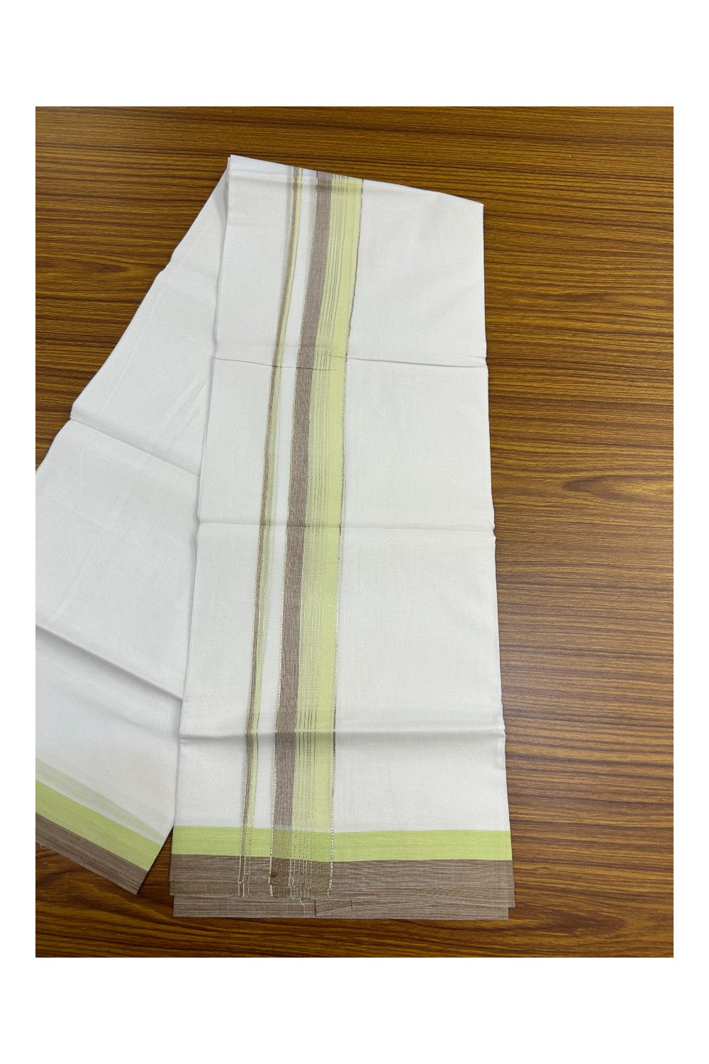 20% Discount !! KaithariKada Balaramapuram Double PURE WHITE Mundu/Dhoti- 100x80 - 1.5 inch Fluorescent Green Brown Kara Silver Striped kara - 11KK5143PMC