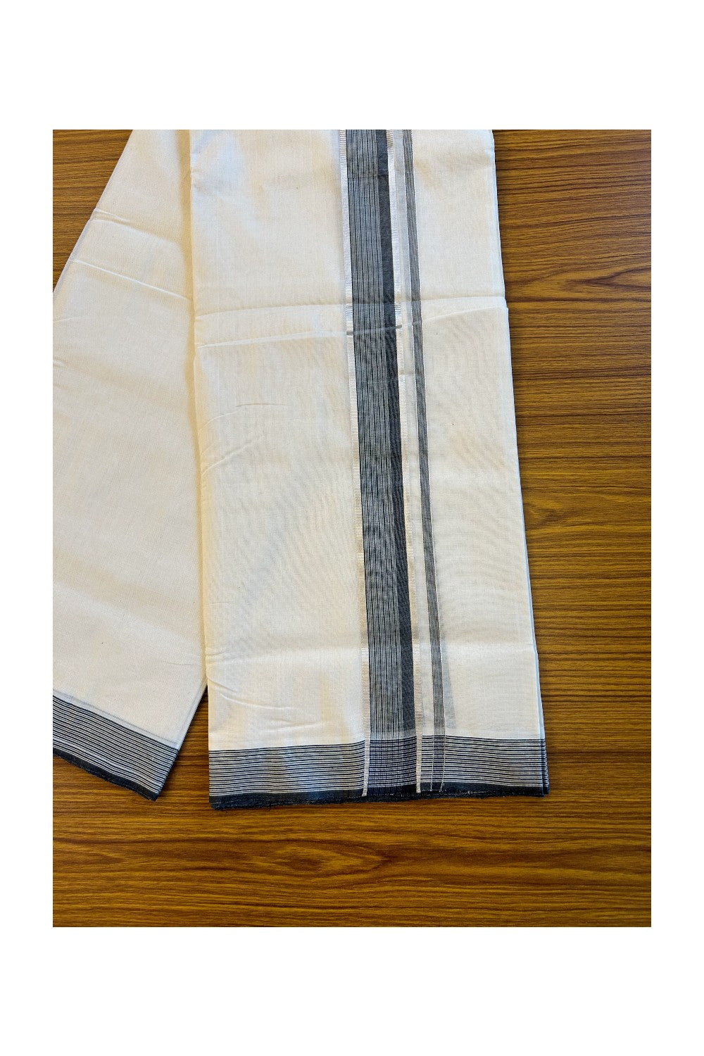 21% DISCOUNT! KaithariKada BALARAMAPURAM HANDLOOM UNAKKUPAAV - 100% PURE Cotton Double Mundu/Dhoti - Silver kasavu Black & White stripes kara - 11KK72RAM