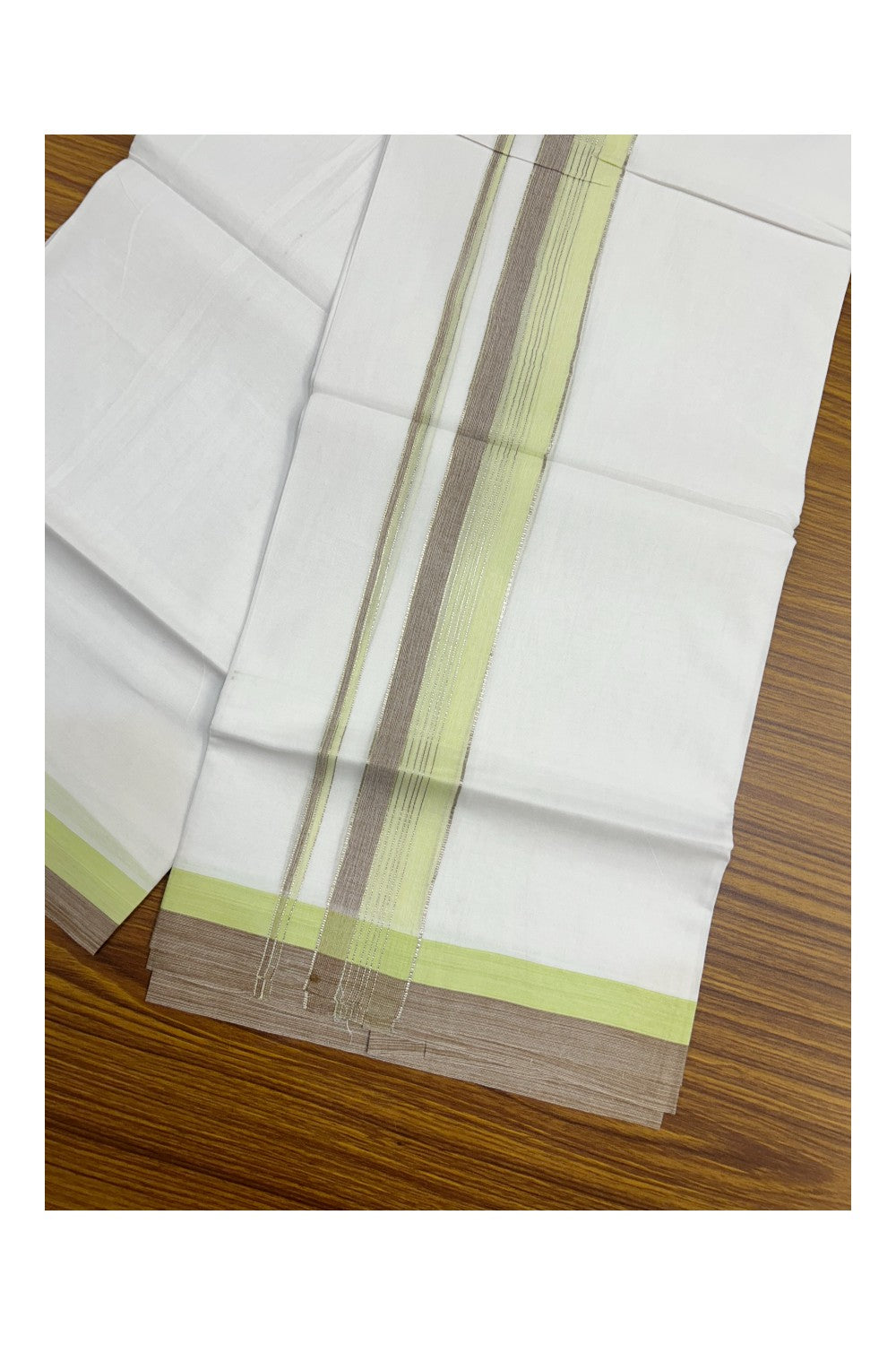 20% Discount !! KaithariKada Balaramapuram Double PURE WHITE Mundu/Dhoti- 100x80 - 1.5 inch Fluorescent Green Brown Kara Silver Striped kara - 11KK5143PMC