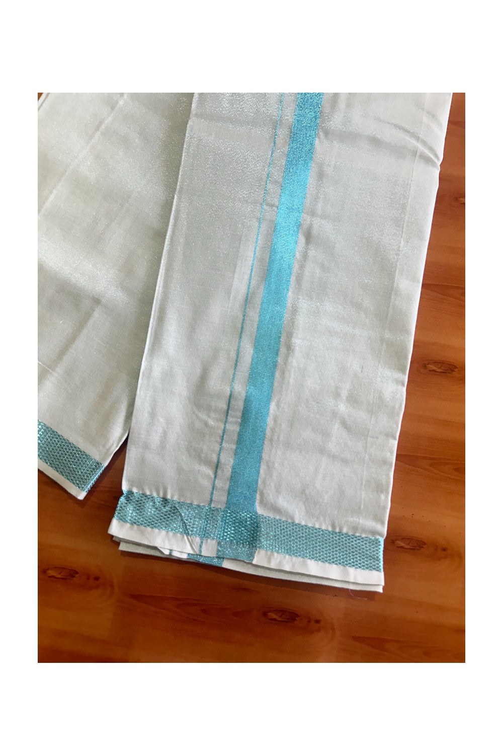 NEW! Kaitharikada Special - Pure Silk Men's Shirt & Dhoti Set - Light Blue Shaded Full Sleeve shirt and Light Blue & Shaded Dhothi with Light Blue Kasavu Kara - 11KK6003SAR