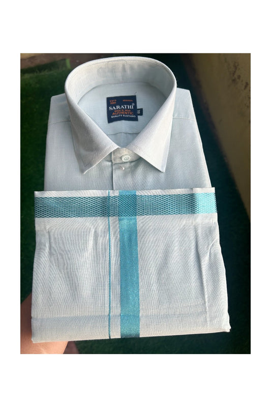 NEW! Kaitharikada Special - Pure Silk Men's Shirt & Dhoti Set - Light Blue Shaded Full Sleeve shirt and Light Blue & Shaded Dhothi with Light Blue Kasavu Kara - 11KK6003SAR