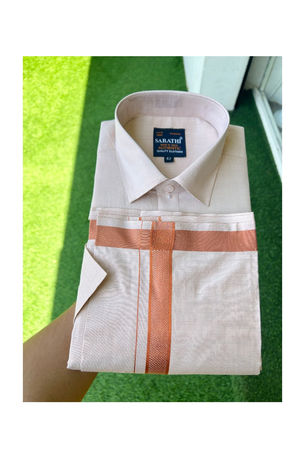 NEW! Kaitharikada Special - Pure Silk Men's Shirt & Dhoti Set - Copper Kasavu Shaded Half Sleeve shirt and Copper kasavu Shaded Dhothi with Copper Kasavu Kara - 11KK6004SAR.