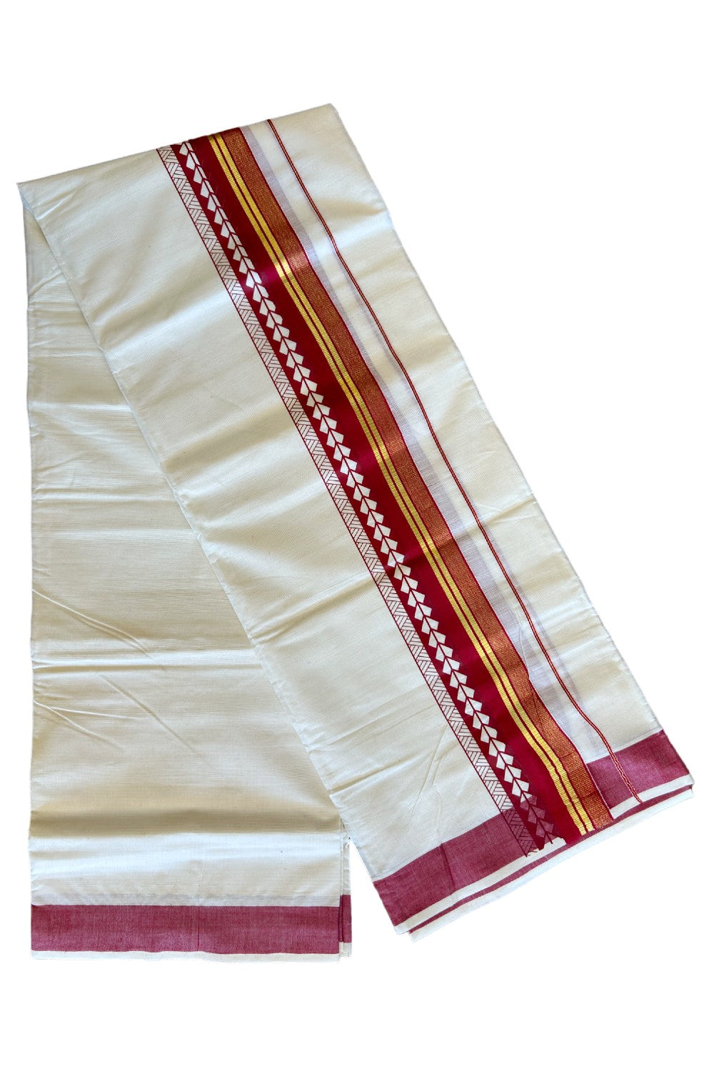 32% Discount !! KaithariKada Balaramapuram 100% Cotton Off white Double Mundu/Dhoti - 80x72 - 3.75 Inch Kasavu shaded Red pattern printed kara - 110KK470VIN