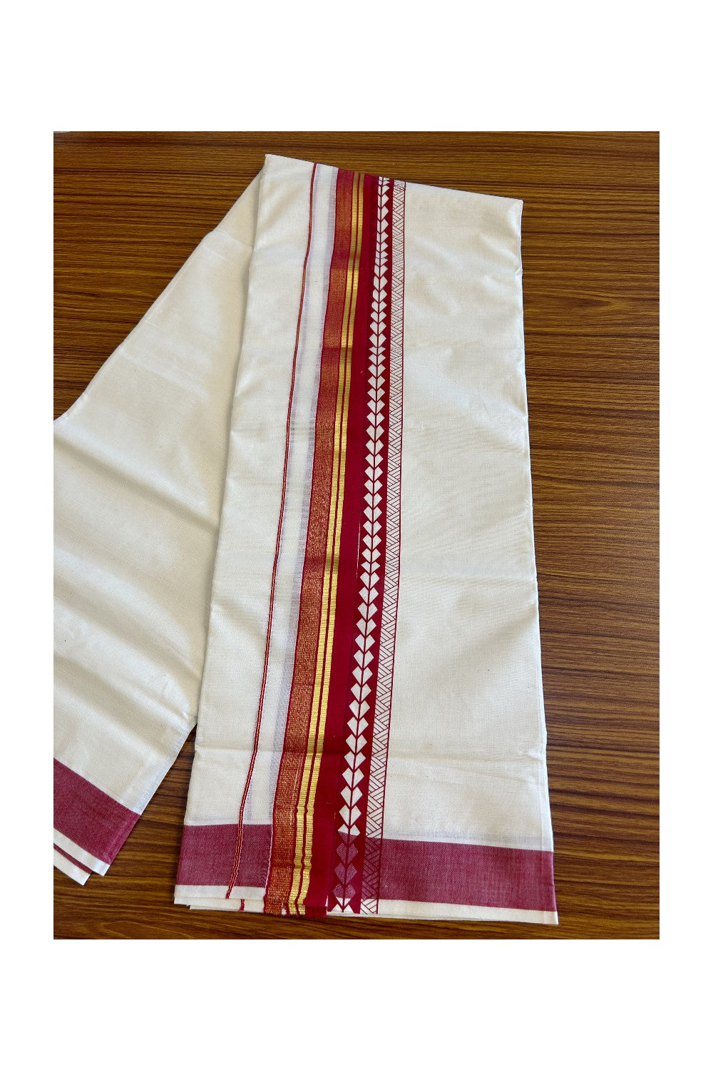 32% Discount !! KaithariKada Balaramapuram 100% Cotton Off white Double Mundu/Dhoti - 80x72 - 3.75 Inch Kasavu shaded Red pattern printed kara - 110KK470VIN