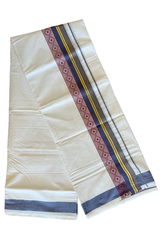 32% Discount !! KaithariKada Balaramapuram 100% Cotton Off white Double Mundu/Dhoti - 80x72 - 3.5 Inch Kasavu shaded Gray Purple & Maroon pattern printed kara - 115KK470VIN