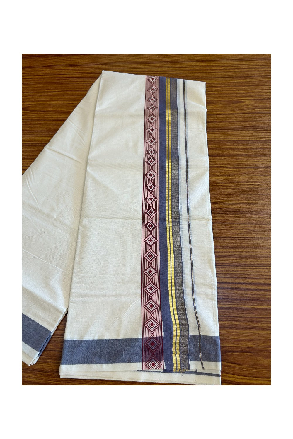 32% Discount !! KaithariKada Balaramapuram 100% Cotton Off white Double Mundu/Dhoti - 80x72 - 3.5 Inch Kasavu shaded Gray Purple & Maroon pattern printed kara - 115KK470VIN