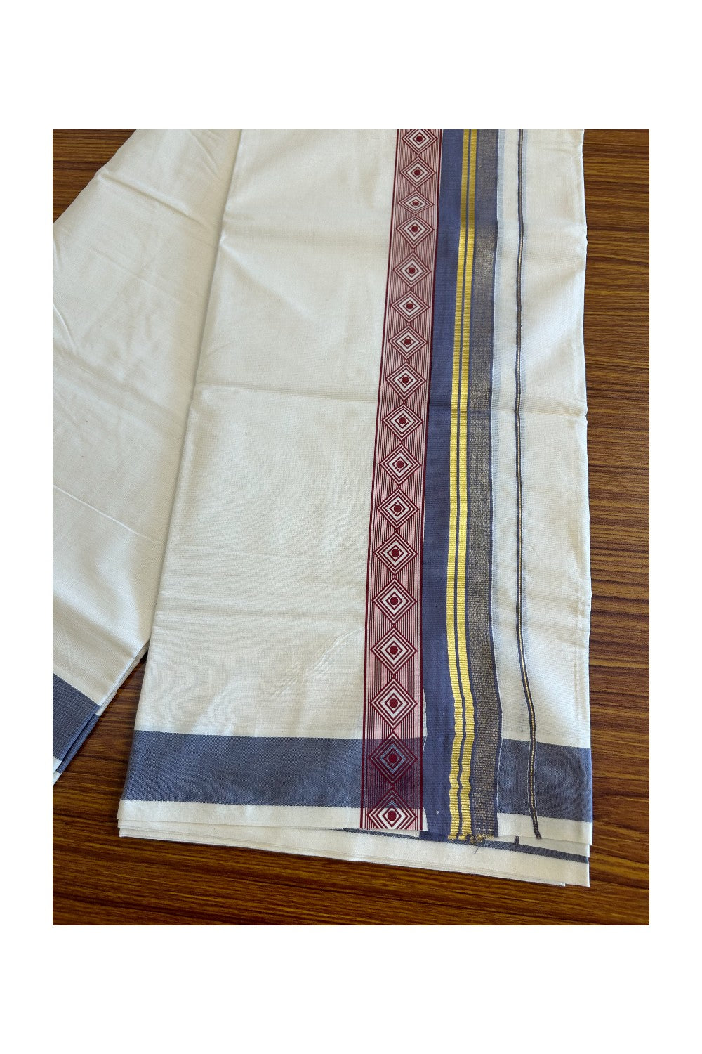 32% Discount !! KaithariKada Balaramapuram 100% Cotton Off white Double Mundu/Dhoti - 80x72 - 3.5 Inch Kasavu shaded Gray Purple & Maroon pattern printed kara - 115KK470VIN