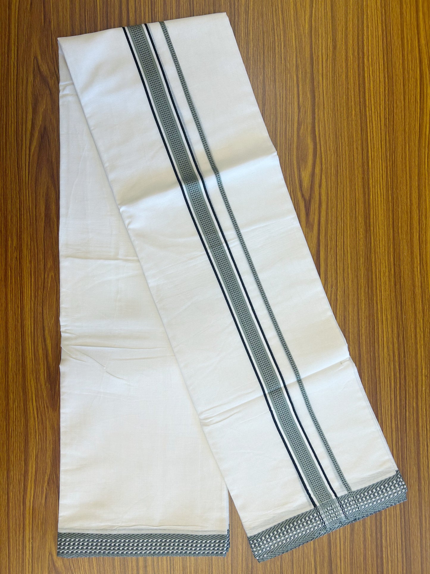 19% Discount !! Kaitharikada Balaramapuram 100% Mercerised Cotton Pure WHITE Double Mundu/Dothi-100x100 - 2 Inch Sage Green & Black Striped kara - 1KK5106YAR