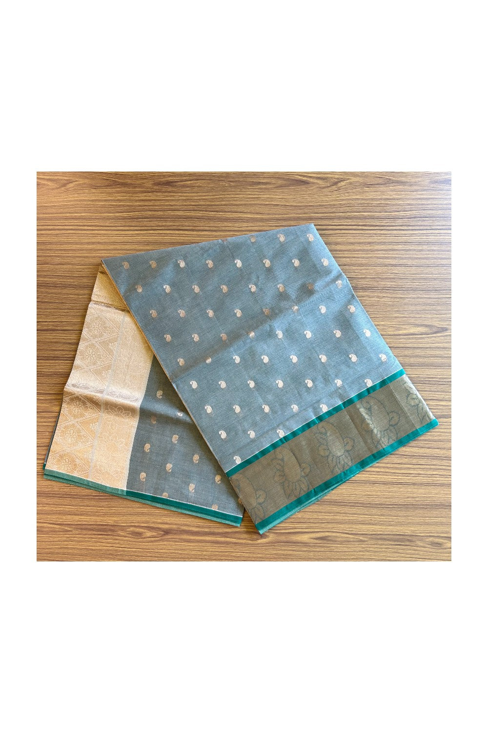 KaithariKada- Balaramapuram Saree - 100% PURE Cotton Silk -Sage Green, Green & Cream Design -12KK1005PAN.