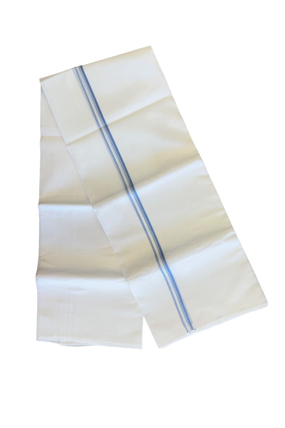 26% DISCOUNT ! KaithariKada Balaramapuram 100% Cotton Double Pure white Mundu/Dhoti-100X100 - Blue & Stripes 2cm Kara. - 30KK487KK