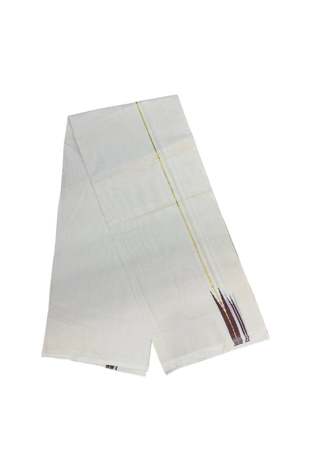 21% OFFER ! KaithariKada Balaramapuram 100% Cotton Double OFF WHITE (Unbleached) - Mundu/Dhoti-100x100 0.75INCH  Puliyilakkara Chutty Kasavu & Dark Maroon double chutty 3.88 mtr & 4 mtr - 12KK414ASH