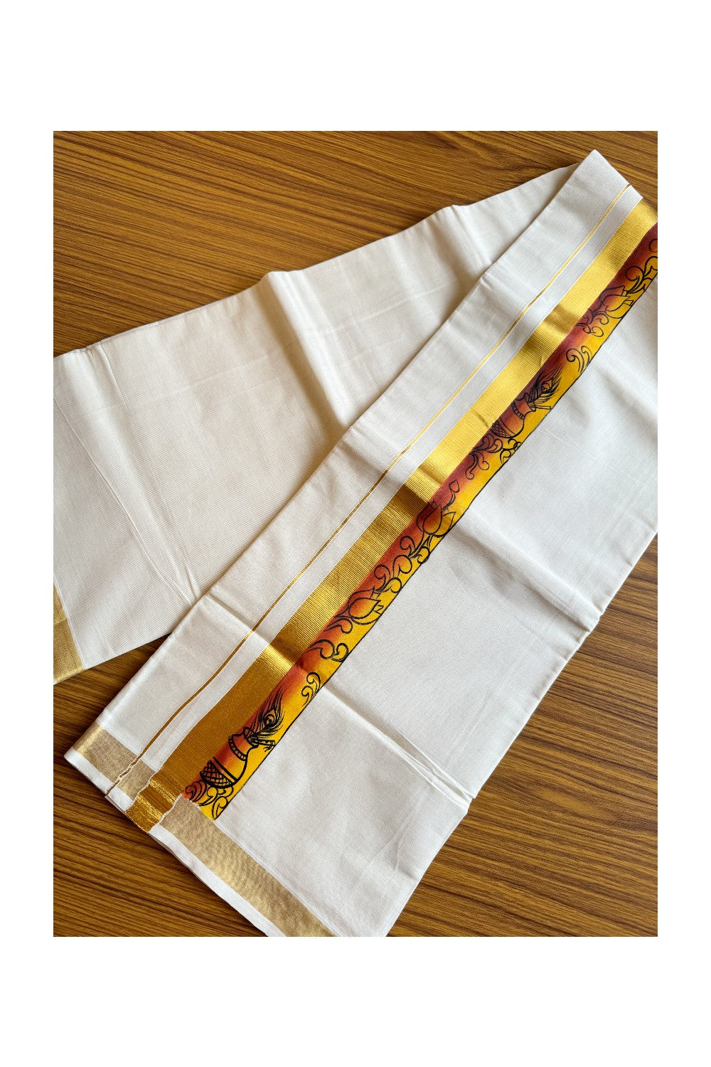 30% Discount! KaithariKada Balaramapuram 100% Cotton off white Double - (Unbleached) Mundu/Dhoti-80x72- Gold Kasavu HAND PAINTED Yellow Orange Flower Pattern 2.75 inch Kara - 12KK424CEE