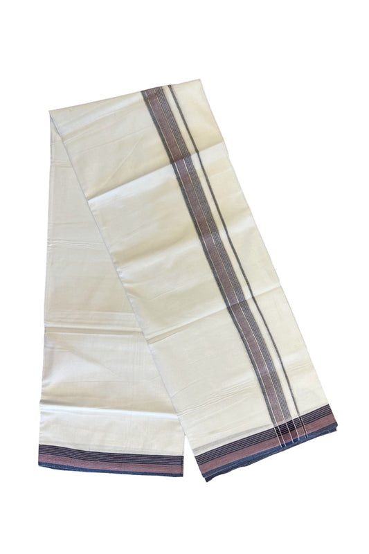 19% DISCOUNT!!! KaithariKada Balaramapuram 100% Cotton PURE white Double Mundu/Dhoti-100x90   2 Inch Silver kasavu Navy blue & Pink shaded stripes kara  - 12KK448VIN