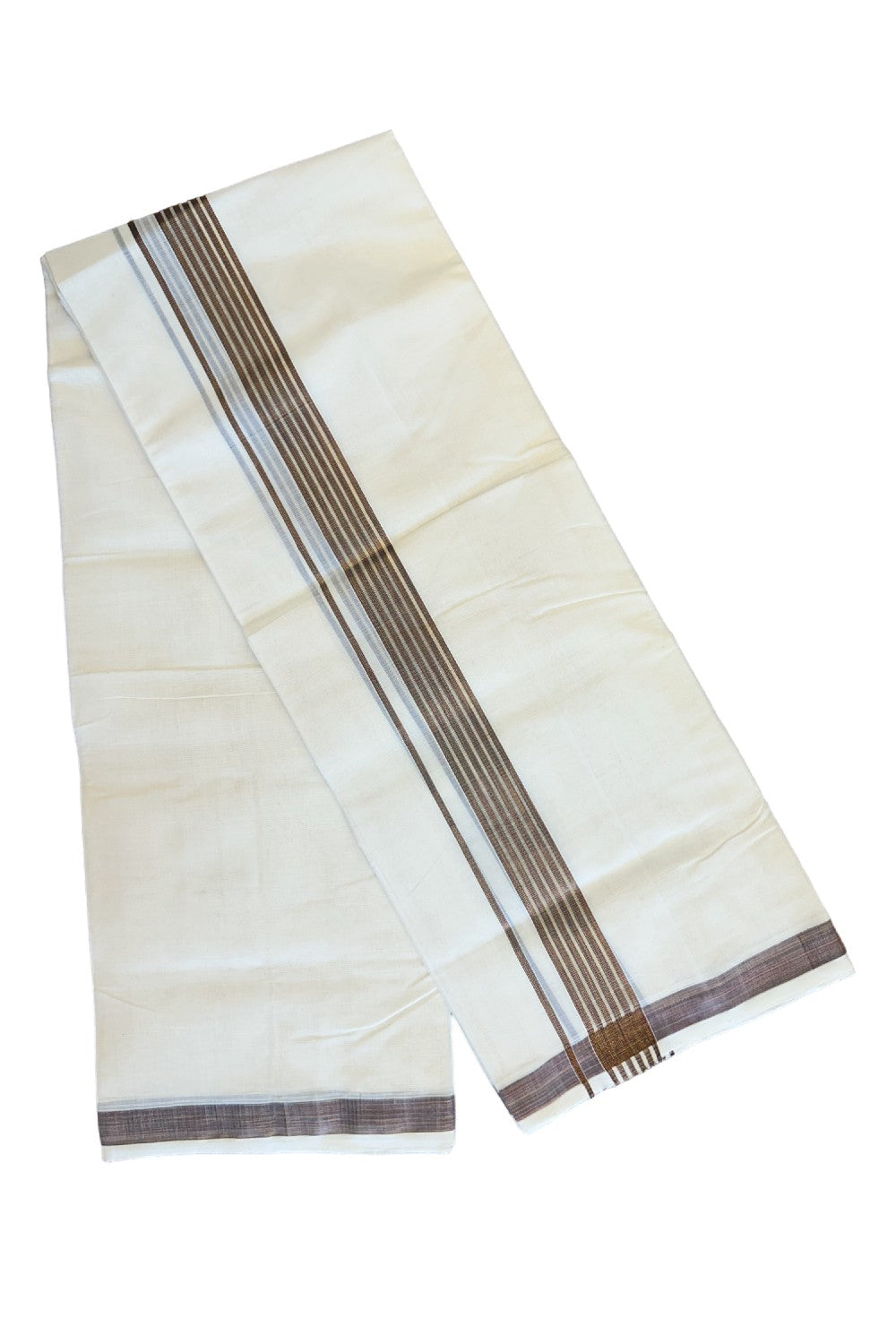 15% DISCOUNT!! KaithariKada HANDLOOM MILLPAAV Balaramapuram - 100% PURE Cotton OFF White - (Unbleached) Double Mundu/Dothi - 2.25 inch Brown & kasavu striped kara - 12KK453RAM