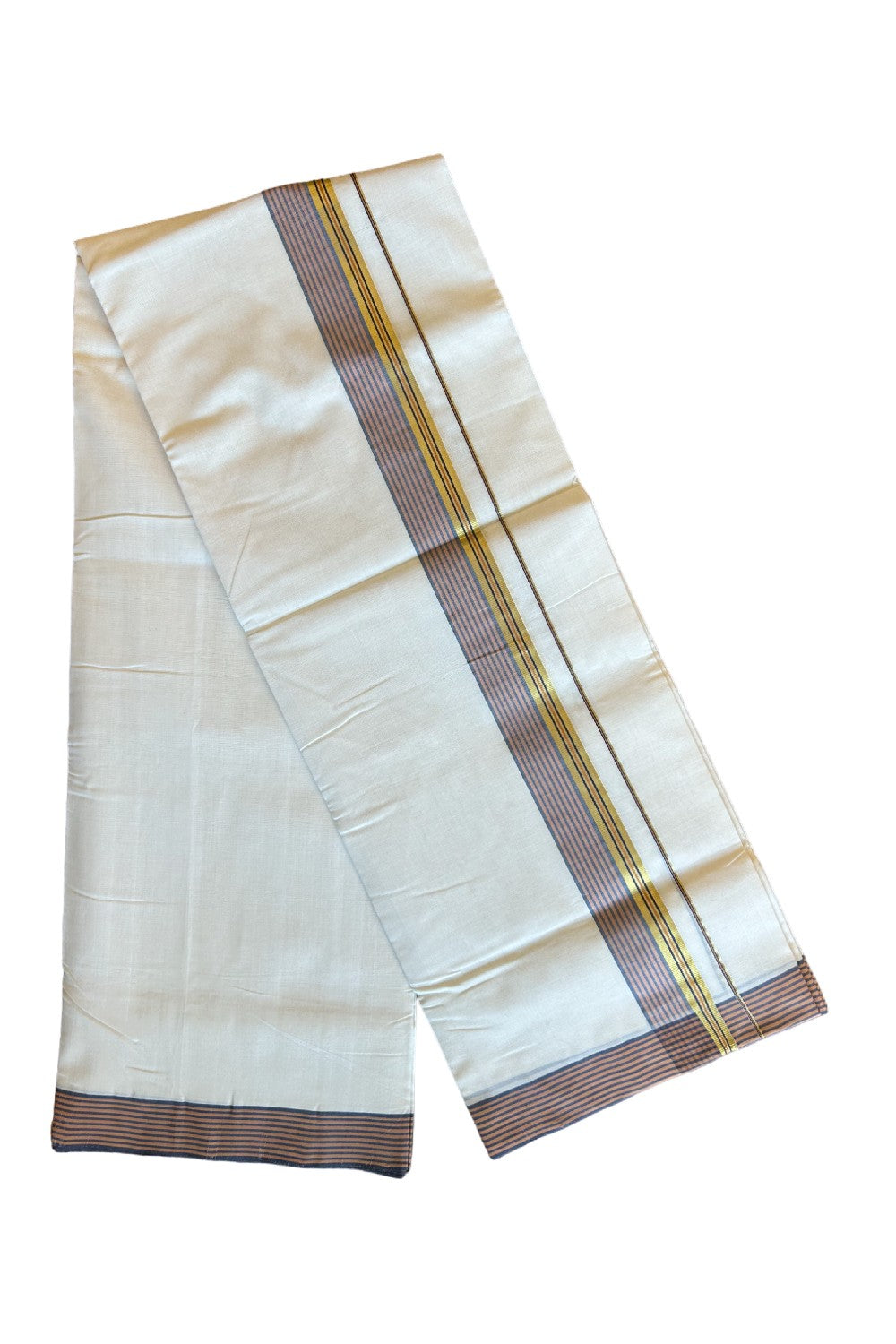 20% DISCOUNT!! KaithariKada HANDLOOM UNAKKUPAAV Balaramapuram - 100% PURE Cotton OFF White (Unbleached) Double Mundu/Dothi - 2.5 Inch Kasavu  Navy blue & Brown stripes Kara - 12KK456KK