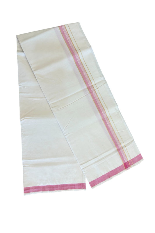 32% Discount KaithariKada 100% Cotton Balaramapuram HANDLOOM Single Mundu/Dhoti - Off White - (Unbleached) 1.5 inch Kasavu & Pink Striped Kara  - 12KK499KK