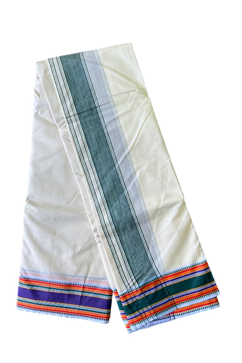 37% DISCOUNT! KaithariKada 100% Cotton Off White - (Unbleached) - Pure Cotton- 100x100 thread - NORTH INDIAN- ATTACHED GAMCHA 10x6 Dhoti Green kara with Violet Green & Orange Striped border -12KK5004PMC