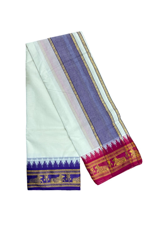 36% DISCOUNT! KaithariKada Cotton Mix  Off White  - (Unbleached) - 80x80 thread -  80% Cotton & 20% Polyester - NORTH INDIAN -  ATTACHED GAMCHA 9X5 Dhoti 5 inch Violet kara with Pink & Violet Kasavu border  - 12KK5005PMC