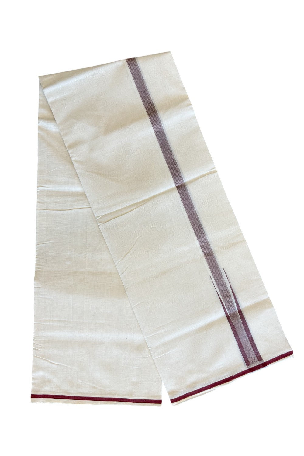 15% DISCOUNT!! KaithariKada HANDLOOM UNAKKUPAAV Balaramapuram - 100% PURE Cotton OFF White - (Unbleached) Double Mundu/Dothi - Puliyilakkara chutty 1 inch Maroon & Silver stripes - 12KK5011RAM