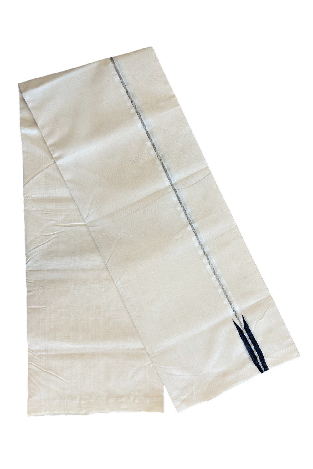 8% DISCOUNT!! KaithariKada HANDLOOM Unakkupaav  Balaramapuram - 100% PURE Cotton OFF White Double - (Unbleached) Mundu/Dothi - 2.15 cm Black & silver Puliyilakkara chutty -  12KK5029RAM