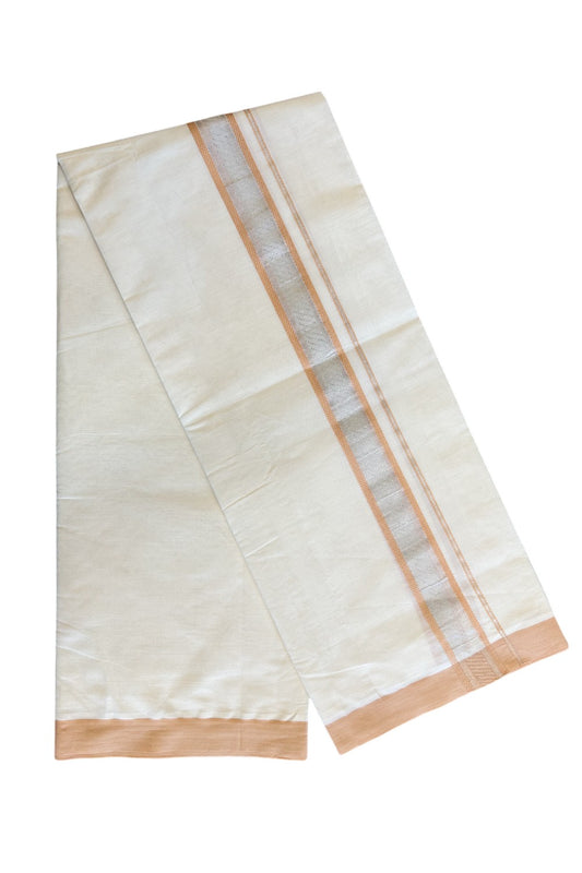 5% Discount!!! KaithariKada Balaramapuram  Double Off white - (Unbleached) Mundu/Dhoti - 80X90 - 2.25 inch SILVER  KASAVU & Orange brown pattern Kara - 12KK5037KAI