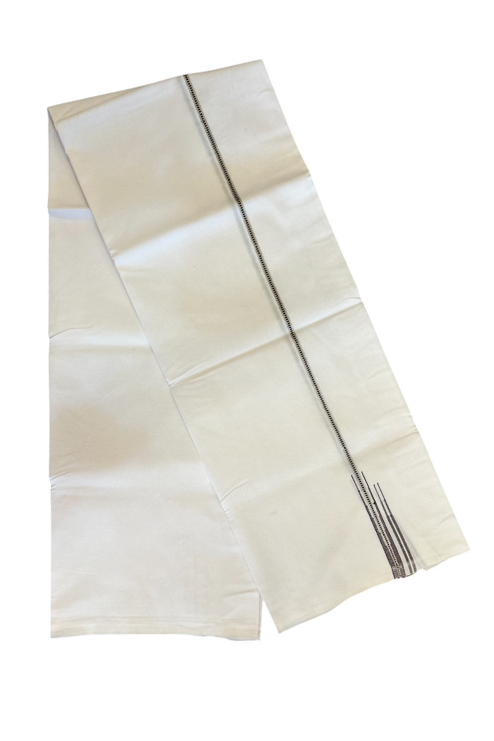 35% DISCOUNT!! KaithariKada Balaramapuram 100% Cotton PURE WHITE Single Mundu/Dhoti-100x100 1 cm  Puliyilakkara MUTHUKKURI Silver & Brown Double chutty - 12KK5043ASH