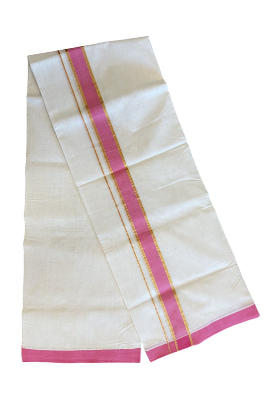 21% Discount KaithariKada HANDLOOM Unakkupaav Balaramapuram - 100% PURE Cotton Off White (Unbleached) Double Mundu/Dhoti -  2 inch Kasavu & Rose Pink-208