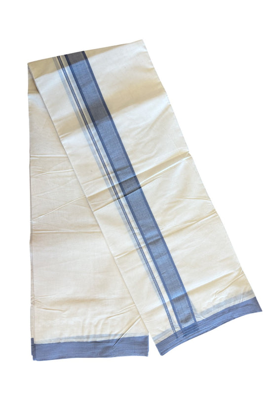 10% Discount KaithariKada Balaramapuram 100% Cotton Double Off white - (Unbleached) - Mundu/Dhoti-100x100 - 2.25 inch Violet + Blue Kara - 3.86 mtr - 151