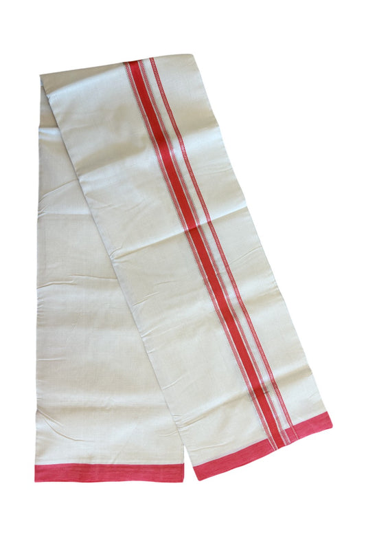 15% DISCOUNT! KaithariKada BALARAMAPURAM HANDLOOM UNAKKUPAAV - 100% PURE Cotton off white (Unbleached) Double Mundu/Dhoti -  1.75 inch Pink Red & Silver Kasavu Designer Kara- 3.60 mtr-52