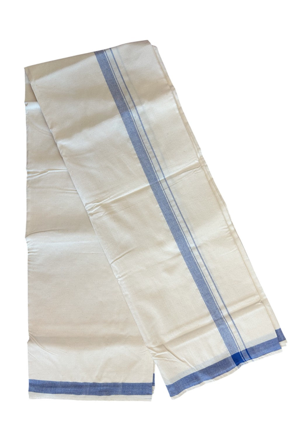 32% Discount ! KaithariKada 100% Cotton Balaramapuram HANDLOOM Single Mundu/Dhoti - Off White - (Unbleached) 1.25 inch Blue Kara - 12KK5065KK