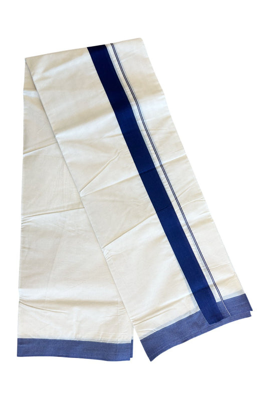 10% DISCOUNT! KaithariKada Balaramapuram 100% Cotton Double Off white - (Unbleached) - Mundu/Dhoti-100X100- 2 inch Navy Blue Kara- 40.