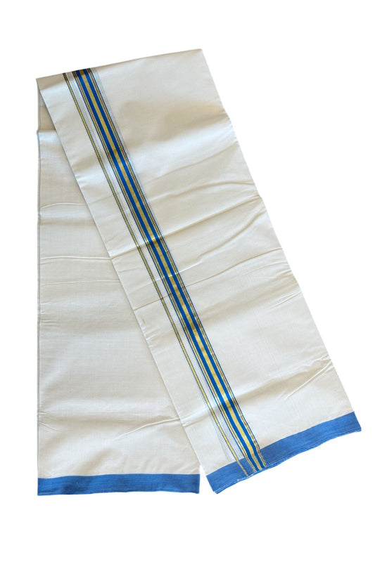 21% Discount KaithariKada Balaramapuram Handloom 100% Cotton Double Off white (Unbleached) Mundu/Dhoti-100X100-  1.75inch Gold Kasavu & Blue Kara.-5.