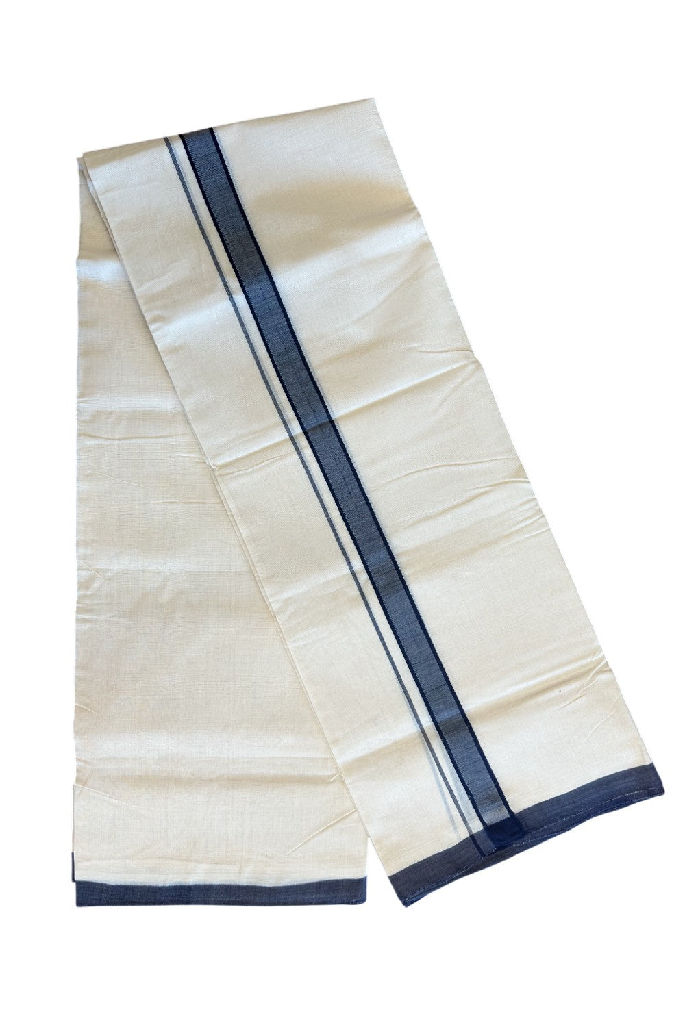 15% DISCOUNT! KaithariKada BALARAMAPURAM HANDLOOM Unakkupaav- 100% PURE Cotton 100x100 Double Mundu/Dhoti OFF WHITE (Unbleached) 3.8 mtr - Dark Navy Blue Kara