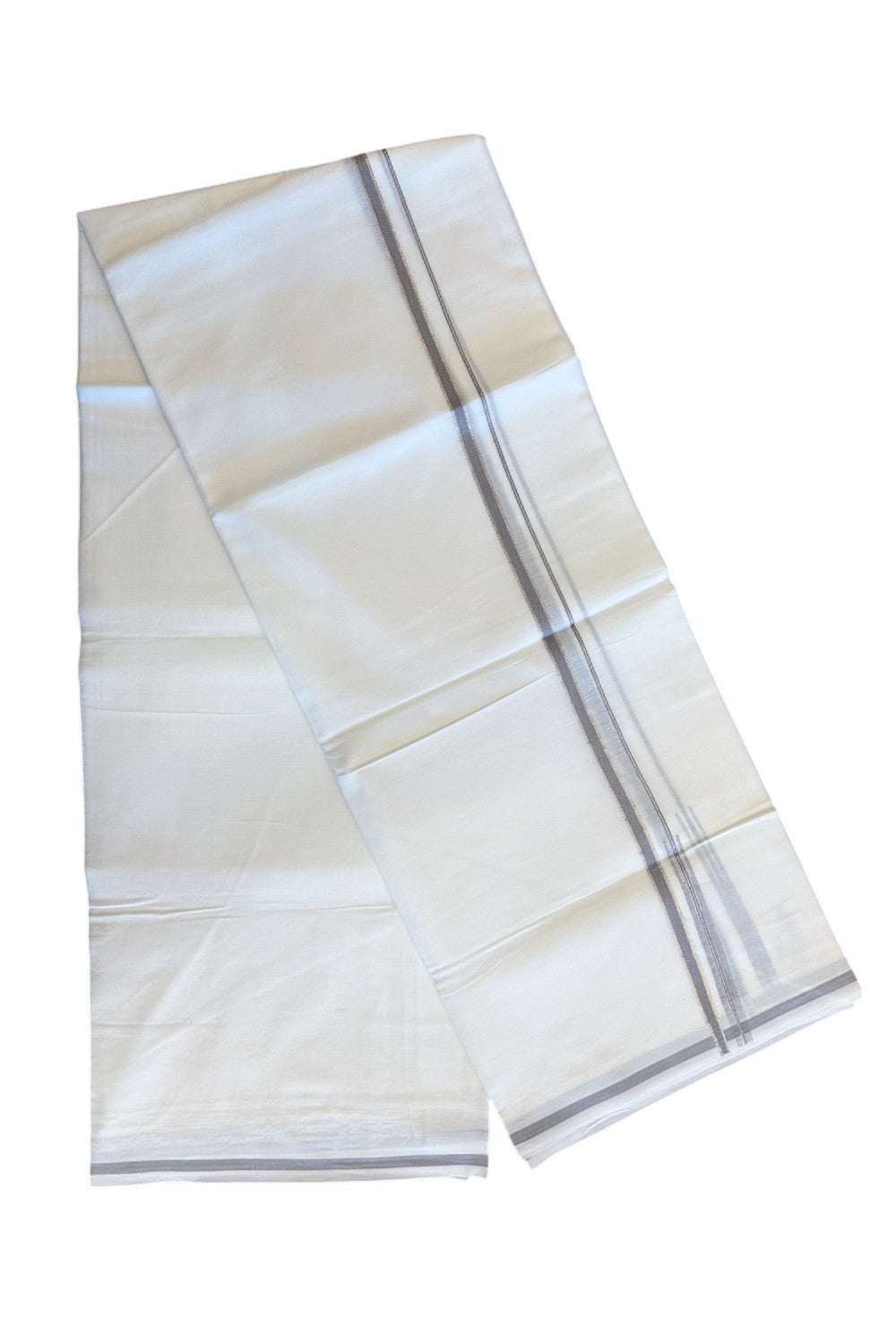 21% Discount !! KaithariKada Balaramapuram 100% Cotton PURE WHITE Double Mundu/Dhoti-100x100 1.cm Puliyilakkara Silver Kasavu & Grey Chutty Kara - 12KK5066KK