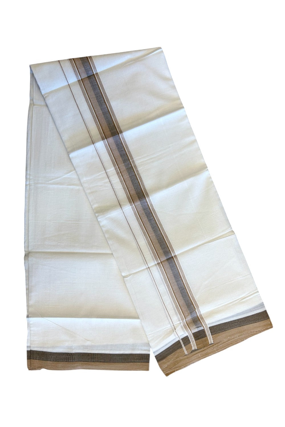 21% DISCOUNT!! Kaitharikada Balaramapuram 100% Cotton Ultra WHITE Double Mundu/Dothi-100x80 2.5 Inch Brown And Walnut Brown Striped Cotton Kara - 12KK5067KK