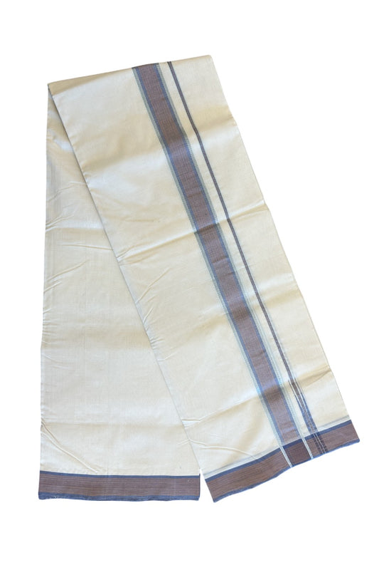 15% DISCOUNT!! KaithariKada BALARAMAPURAM HANDLOOM Unakkupaav- 100% PURE Cotton 100x100 Double Mundu/Dhoti OFF WHITE - (Unbleached) PULIYILAKKARA SILVER & Kasavu BLUE &  BROWN COLOUR 1.5 inch KARA-1KK44RAM.