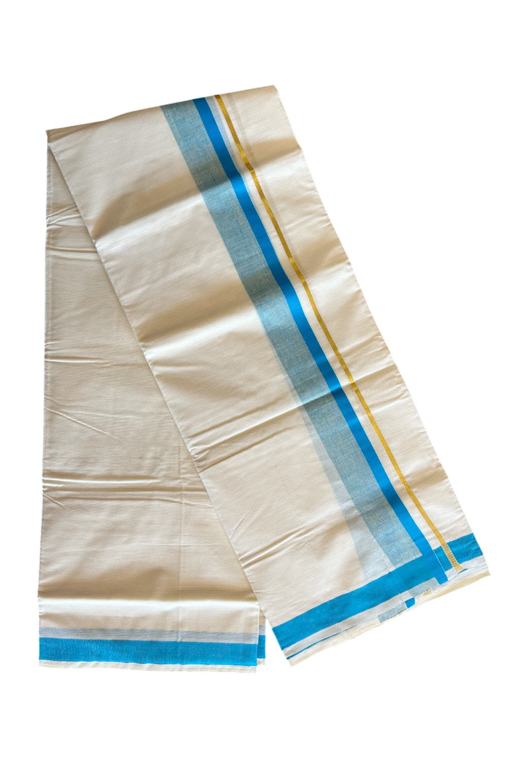 10% DISCOUNT!!! KaithariKada Balaramapuram 100%  Cotton off white - (Unbleached) Double  Mundu/Dhoti - 80X72 blue & kasavu shaded kara - 13KK57VIN