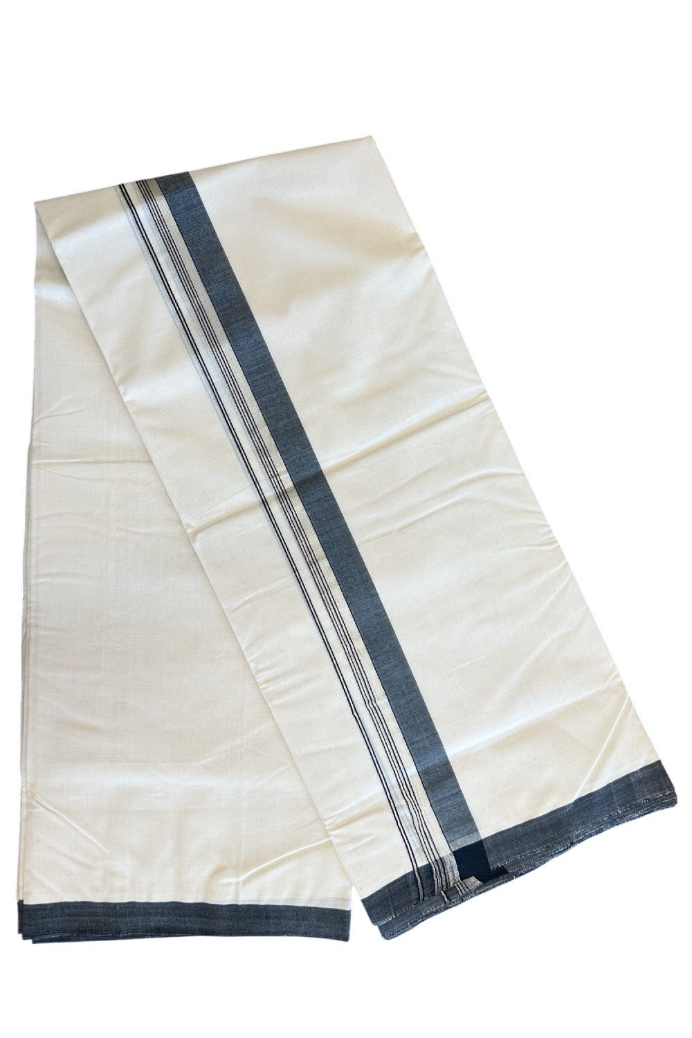 19% Discount !! KaithariKada HANDLOOM millpaav Balaramapuram - 100% PURE Cotton OFF White Double - (Unbleached)  Mundu/Dothi - 2.25  inch Silver kasavu stripes & Black shaded kara 4.5 Meters (10 Muzham) - 12KK5081RAM