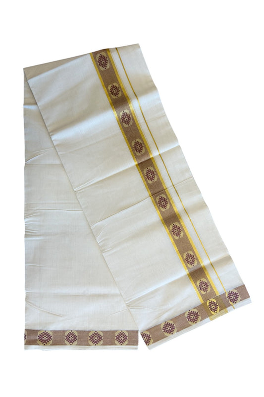 30% Discount!!! KaithariKada HANDLOOM UNAKKUPAAV Balaramapuram - 100% PURE Cotton off white (Unbleached) 100x100 - Double Mundu/Dhoti - 2.75 inch Kasavu & Wine Purple pattern kara - 11KK5096YAR