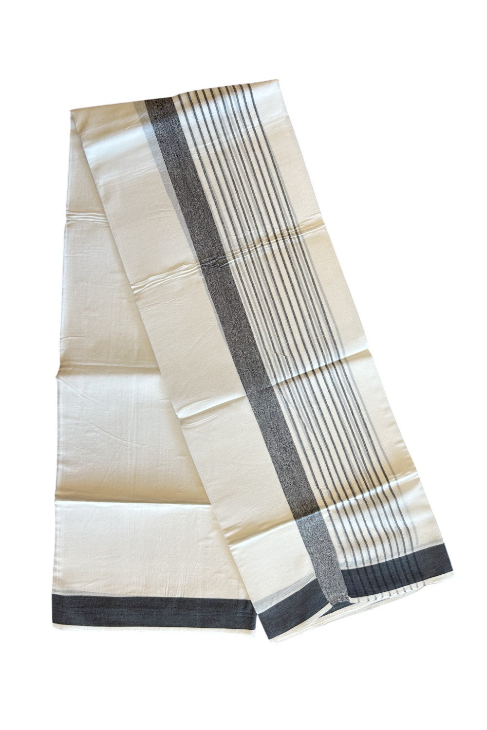 20% DISCOUNT!! KaithariKada Balaramapuram 100% Cotton PURE WHITE Double Mundu/Dhoti - 100x80 - 4.5 inch Black Shaded striped kara - 12KK5109THI