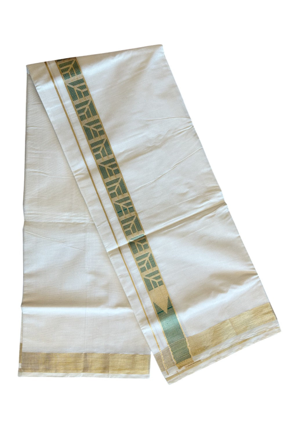 20% DISCOUNT ! KaithariKada Balaramapuram Mixed Cotton OFF White (Unbleached) Double Mundu/Dhoti - 80x80 Thread Mixed Cotton - 2.25 inch Gold kasavu & Green design Chutty kara - 12KK5113PMC