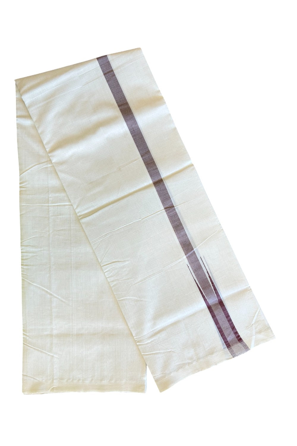 30% DISCOUNT! KaithariKada BALARAMAPURAM HANDLOOM UNAKKUPAAV - 100% PURE Cotton Off white (Unbleached) Double Mundu/Dhoti - 1.25 inch Dark Maroon & Silver Kasav Chutty Kara - 12KK5123RAM