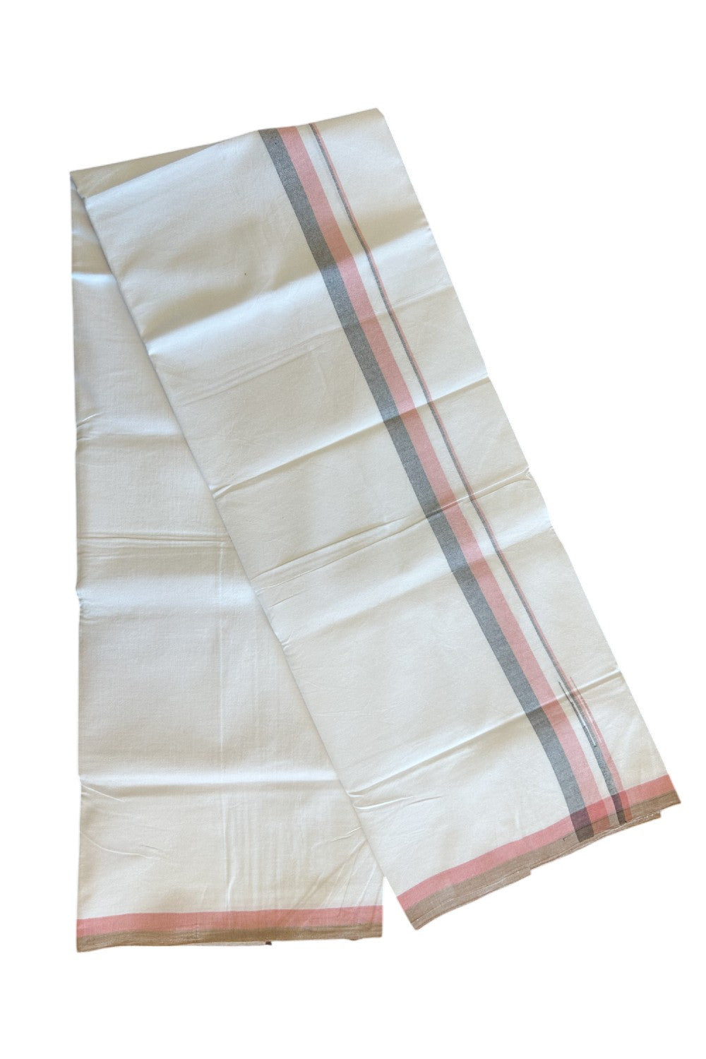 SIGNATURE KAITHARIKADA EXCLUSIVE SINGLE DHOTI - 100% Cotton Balaramapuram HANDLOOM Single Mundu/Dhoti - PURE WHITE - 1 inch Peach & Black Chutty Kara (2 meters /4 muzham) - 10KK5127ASH